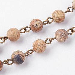 Natürliche Bild Jaspis handgemachte Perlenketten, ungeschweißte, mit eisernem Augenstift, Antik Bronze, 39.37 Zoll, 1 m / Strang