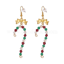 Glass Christmas Candy Cane with Alloy Bowknot Dangle Earrings, Gold Plated Brass Jewelry for Women, Colorful, 69mm, Pin: 0.8mm