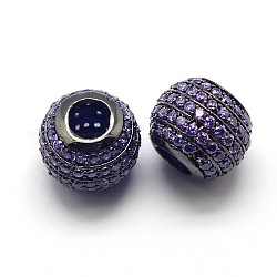 CZ Jewelry Brass Micro Pave Cubic Zirconia European Beads, Cadmium Free & Nickel Free & Lead Free, Large Hole Rondelle Beads, Gunmetal Metal Color, Slate Blue, 12x10mm, Hole: 4mm