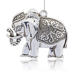 Тибетский стиль сплава животных большие кулоны, Слон ожерелье подвески, античное серебро, 55x69x8 мм, отверстие : 4 мм
