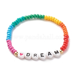 Bracelets extensibles word dream, laiton et acrylique opaque et peinture au four bracelets de perles de rocaille de verre, colorées, 0.4~0.7 cm, diamètre intérieur: 2-1/4 pouce (5.7 cm)