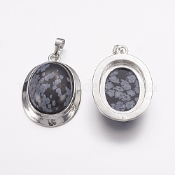 Pendentifs de flocon de neige en obsidienne naturelle, avec les accessoires en alliage de tonalité de platine, ovale, 37x25x10mm, Trou: 4x8mm