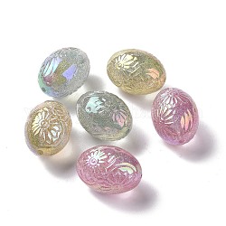 Placage uv arc-en-ciel irisé abs perles de paillettes en plastique, oeuf avec motif de fleurs, couleur mixte, 25.5x18.5mm, Trou: 2mm