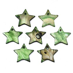 Natürlichen Süßwasser-Muschel Anhänger, gefärbt, Stern, hellgrün, 19~20x20.5~21.5x1~2 mm, Bohrung: 1.6 mm