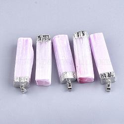 Grandi pendenti di selenite naturale di placca, con accessori di ferro, tinto, rettangolo, platino, perla rosa, 53~55x14~19x9~16mm, Foro: 7x4 mm