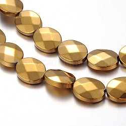 Electroplated Non-magnetic Synthetic Hematite Oval Beads Strands, Faceted, Golden Plated, 10x8x3mm, Hole: 1mm, about 40pcs/strand, 15.7 inch