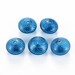 Perles de globe en verre soufflé à la main transparent, rayure, plat rond, Dodger bleu, 15.5~17.5x10~12mm, Trou: 1~2mm