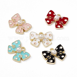 Alloy Enamel Pendants, with ABS Plastic Imitation Pearl Beads, Light Gold, Bowknot Charm, Mixed Color, 12.5x16.5x5mm, Hole: 1.6mm