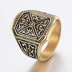 Ионное покрытие (ip) 304 перстень из нержавеющей стали для мужчин, широкие кольца группа палец, прямоугольник с цветочным узором, античное золото , Размер 8~13, 18~23 мм