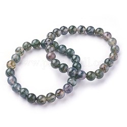 Natürliche Moos Achat Perlen Stretch-Armbänder, Runde, 2 Zoll ~ 2-1/8 Zoll (5.2~5.5 cm), Perlen: 8~9 mm