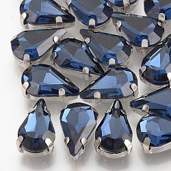 Cose en el rhinestone, Enlaces multifilares, Diamantes de imitación de cristal, con ajustes de puntas de latón, accesorios de prendas de vestir, facetados, lágrima, Platino, azul de Prusia, 12.5x8x5mm, agujero: 0.8~1 mm