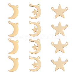 Unicraftale 12pcs 3 placage sous vide de style 304 pendentifs en acier inoxydable, lune et étoiles, or, 4 pièces / style
