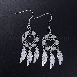 201 Stainless Steel Chandelier Earrings, Woven Net/Web with Feather, Stainless Steel Color, 68x20mm, Pin: 0.7mm