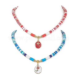 Ensemble de colliers avec pendentif en forme de fleur en alliage émaillé, 2 pièce, 2 styles, avec des chaînes de perles en disque d'argile polymère, couleur mixte, 21.65'' (55 cm), 1pc / style