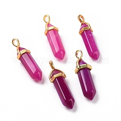 Natural Agate Double Terminated Pointed Pendants, Dyed & Heated, with Random Alloy Pendant Hexagon Bead Cap Bails, Golden, Bullet, 37~40x12.5x10mm, Hole: 3x4.5mm