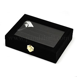 Cajas de anillo rectángulo de madera, cubiertos con terciopelo, con vidrio y hierro cierres, negro, 20.2x15.1x4.9 cm