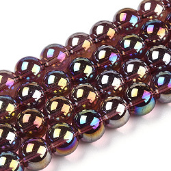 Electroplate transparentes abalorios de vidrio hebras, color de ab chapado, redondo, coco marrón, 9.5~10mm, agujero: 1.5 mm, aproximamente 40~42 pcs / cadena, 14.76~15.12 pulgada (37.5~38.4 cm)