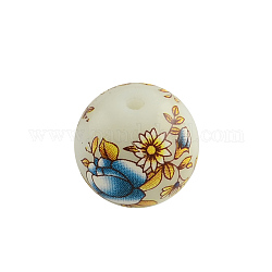 Flower Picture Glass Beads, Round, Marine Blue, 14x13mm, Hole: 1.5mm