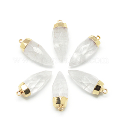 Natural Quartz Crystal Pointed Pendants, Rock Crystal, with Brass Findings, Faceted, Bullet, 33x13mm, Hole: 2mm