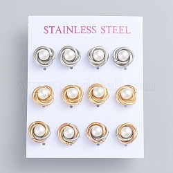 304 Stainless Steel Stud Earrings, Love Knot Earrings, with Plastic Imitation Pearl Beads and Ear Nuts, Mixed Color, 11mm, Pin: 0.7mm, 6pairs/card