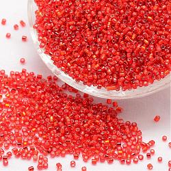 6/0 perles de rocaille rondes en verre, argent bordée trou carré, couleurs transparentes, rouge, 3.6~4.0mm, Trou: 1.2mm, environ 5000 pcs / livre