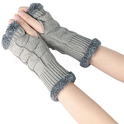 アクリル繊維糸編み指なし手袋  親指穴付きふわふわエッジ冬用暖かい手袋  濃いグレー  195x85~95mm