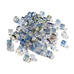 Двухцветные прозрачные стеклянные бусины, кубические, стальной синий, 6x6x7 мм, отверстие : 1.4 мм, около 500 шт / упаковка