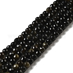Natural Golden Sheen Obsidian Beads Strands, Round, Faceted, 4mm, Hole: 1mm, about 90~93pcs/strand, 13.58''~14.57''(34.5~37cm)