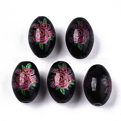 Perles de verre opaques imprimées et peintes à la bombe, ovale avec motif floral, noir, 15x10mm, Trou: 1.6mm