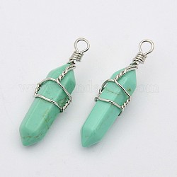 Faceted Bullet Platinum Tone Brass Gemstone Double Terminated Pointed Pendants, Synthetic Turquoise, 38~42x8~9mm, Hole: 3~6mm