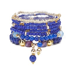 Set di braccialetti elastici con perline miste naturali e sintetiche in stile 7 pz 7 e semi di vetro, bracciali impilabili con ciondoli bowknot in ottone per donna, blu, diametro interno: 2~2-1/8 pollice (5.15~5.5 cm), 1pc / style