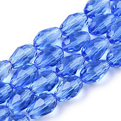 Abalorios de vidrio, facetados, lágrima, azul real, 11x8mm, agujero: 1 mm, aproximamente 57~59 pcs / cadena, 26.38~26.77 pulgada