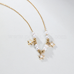 Imitation Pearl Beaded Star Pendant Necklaces, Stainless Steel Necklaces with Cable Chains, Real 18K Gold Plated, 15.75 inch(40cm)