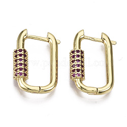 Brass Micro Pave Cubic Zirconia Huggie Hoop Earring, Oval, Nickel Free, Real 16K Gold Plated, Medium Violet Red, 22x15x5mm, Pin: 1.3mm