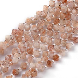 Chapelets de perles de sunstone naturelle naturelles, facette, avec des perles de rocaille, Toupie, 10x10.5x10.5mm, Trou: 0.8mm, Environ 31 pcs/chapelet, 15.75 pouce (40 cm)
