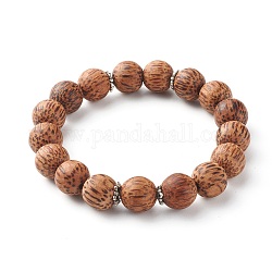 Bracelets extensibles en perles de bois de coco naturel, avec des chapeaux de perles en alliage de style tibétain, brun coco, diamètre intérieur: 2-5/8 pouce (6.6 cm), 11.5mm