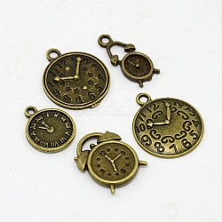 Mixed Tibetan Style Alloy Clock Pendants, Lead Free & Nickel Free, Antique Bronze, 16~22x8.5~18x2~2.5mm, Hole: 1~2x5mm, 5pcs/set