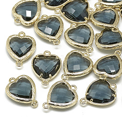 Conectores de enlaces de vidrio, con fornituras de latón de tono de oro, facetados, corazón, gris pizarra oscuro, 15x10x3mm, agujero: 1 mm