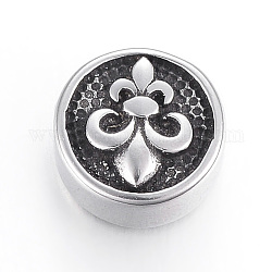 Perles en 304 acier inoxydable, plat et circulaire avec fleur de lis, argent antique, 10x6mm, Trou: 2mm