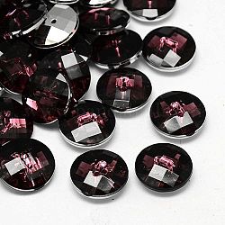 Botones de acrílico rhinestone de Taiwán, facetados, 2 agujero, disco, rojo violeta medio, 15x5mm, agujero: 1 mm