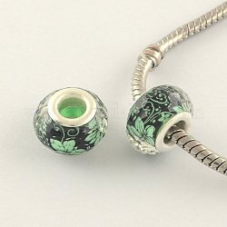 Large Hole Flower Pattern Acrylic European Beads, with Silver Tone Brass Double Cores, Faceted Rondelle, Light Green, 14x9mm, Hole: 5mm