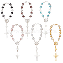GOMAKERER 6Pcs 6 Colors Glass Pearl Rosary Bead Bracelets Set, Alloy Cross with Jesus Charm Bracelets, Mixed Color, 9-1/8 inch(23.3cm), 1Pc/color