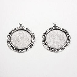Flat Round Tibetan Style Alloy Pendant Cabochon Settings, Cadmium Free & Lead Free, Antique Silver, Tray: 25mm, 38x33x2mm, Hole: 4mm, about 172pcs/1000g