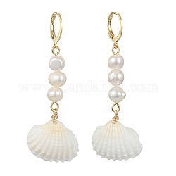 Pendientes colgantes de concha y perlas naturales con forma de concha para mujer, con 304 hallazgo de acero inoxidable, dorado, 65x25.5~26.5mm