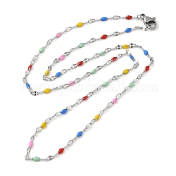 Colorful Enamel Oval & Dapped Link Chain Necklace, 304 Stainless Steel Jewelry for Women, Stainless Steel Color, 17.64 inch(44.8cm)