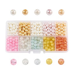 Barely Pink Mixed Baking Painted Crackle Glass & Glass Pearl Bead Sets, Round, Mixed Color, 6~6.5x5.5~6mm, Hole: 1mm, about 50pcs/compartment, 500pcs/box