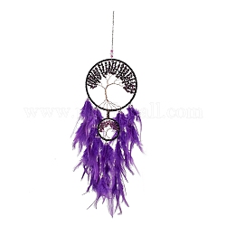 Toile/filet tissé en fil de fer et de laiton avec des décorations de pendentifs en plumes, avec perles en plastique et améthyste, recouvert de cuir et cordon de velours, plat et circulaire avec arbre de vie, violet, 635mm