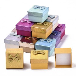 Anello scatole di cartone, con nastro bowknot all'esterno e spugna bianca all'interno, quadrato, colore misto, 5~5.3x5~5.3x3.8~4cm