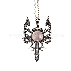 Halskette mit natürlichem Rosenquarz-Drachenschwert-Anhänger, Gothic-Legierungsschmuck für Männer und Frauen, antikem Silber & Platin, 19.69 Zoll (50 cm)