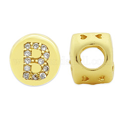 Perle di zirconi cubici trasparenti in micro pavè di ottone, piatta e rotonda con la lettera, letter.b, 7.5x6.5mm, Foro: 3.5 mm, 3pcs/scatola